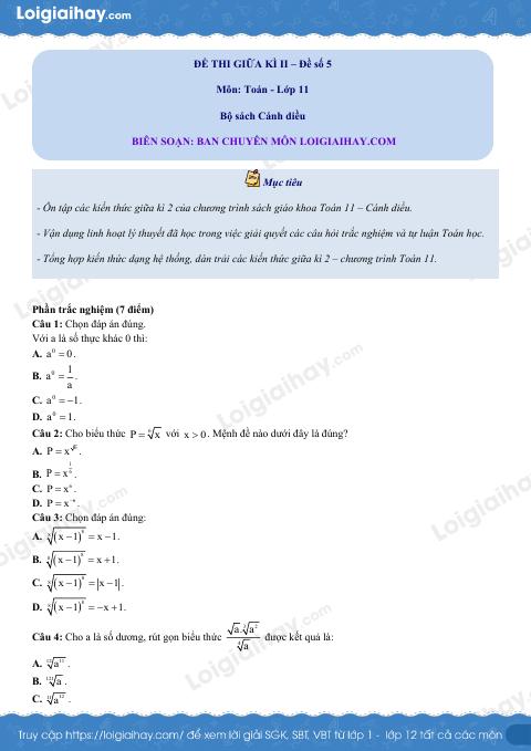 Đề thi giữa kì 2 Toán 11 Cánh diều - Đề số 5
